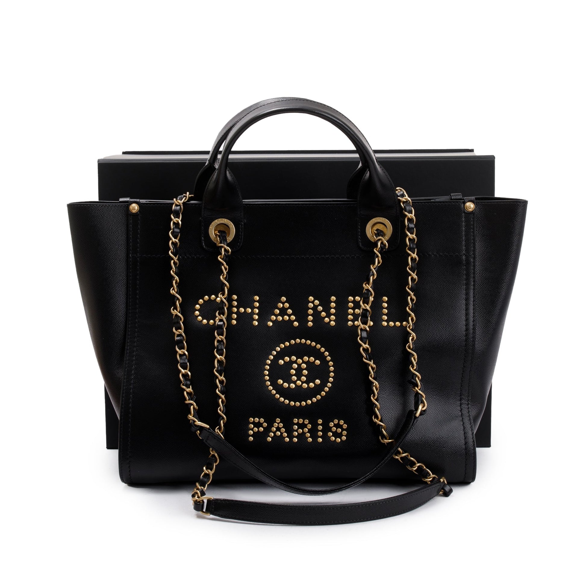 Chanel Caviar Studded Deauville Leather Black Travel Bag W Box