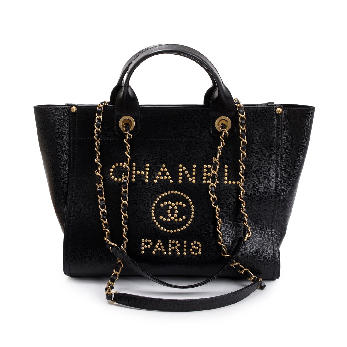 Chanel Caviar Studded Deauville Leather Black Travel Bag W Box