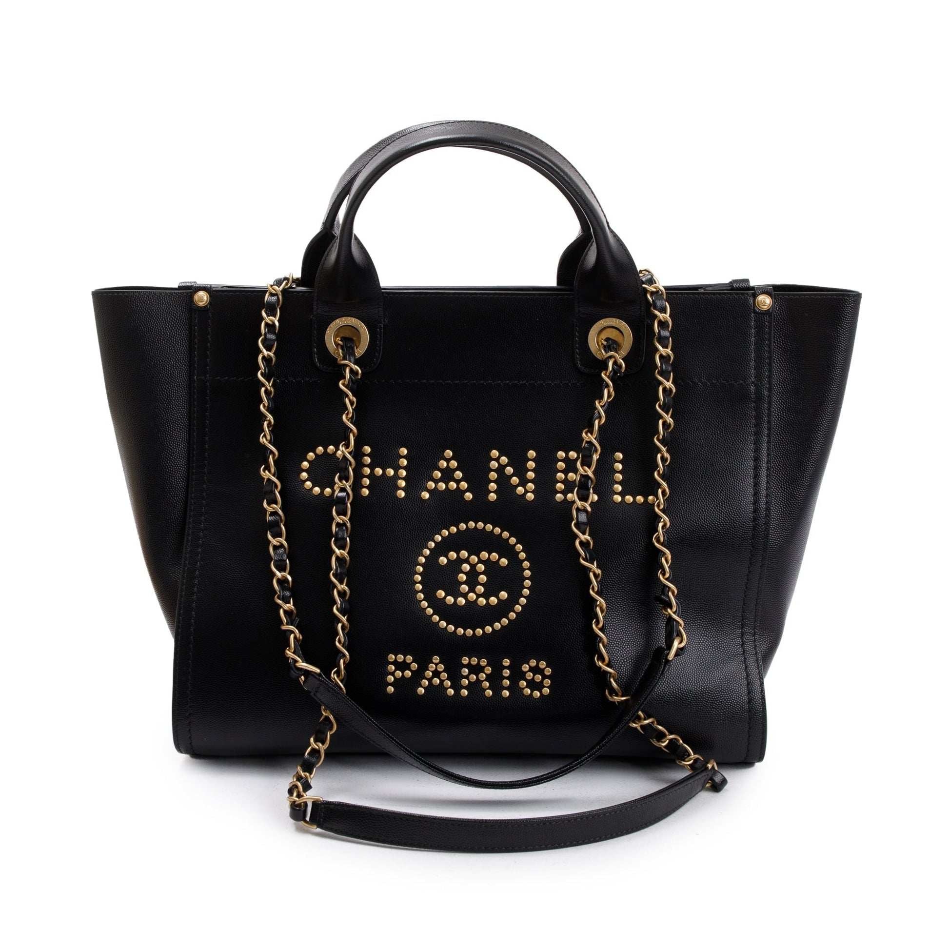 Chanel Caviar Studded Deauville Leather Black Travel Bag W Box