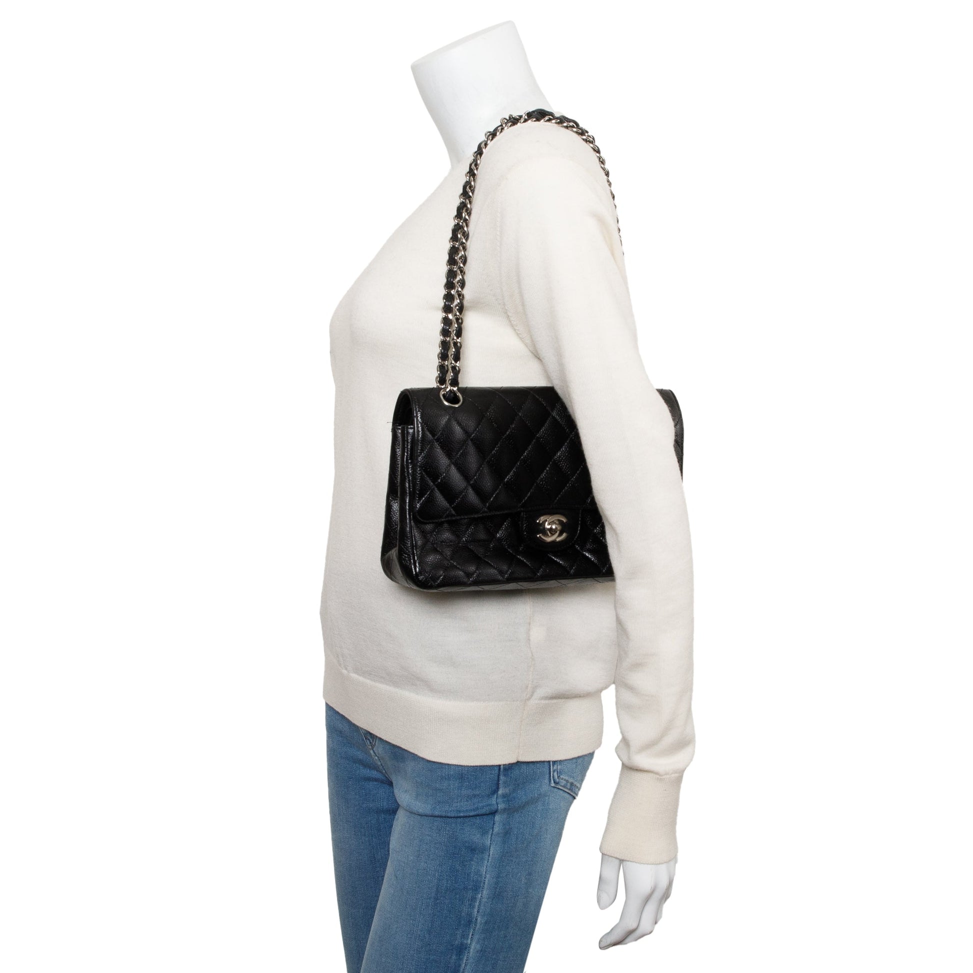 Chanel Quilted Caviar Classic Double Flap Leather Black Travel Bag 8