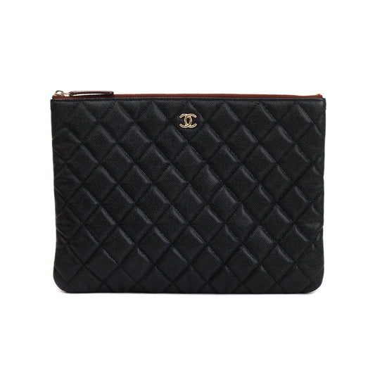 Chanel Quilted Caviar O Leather Black Travel Bag Case Clutch