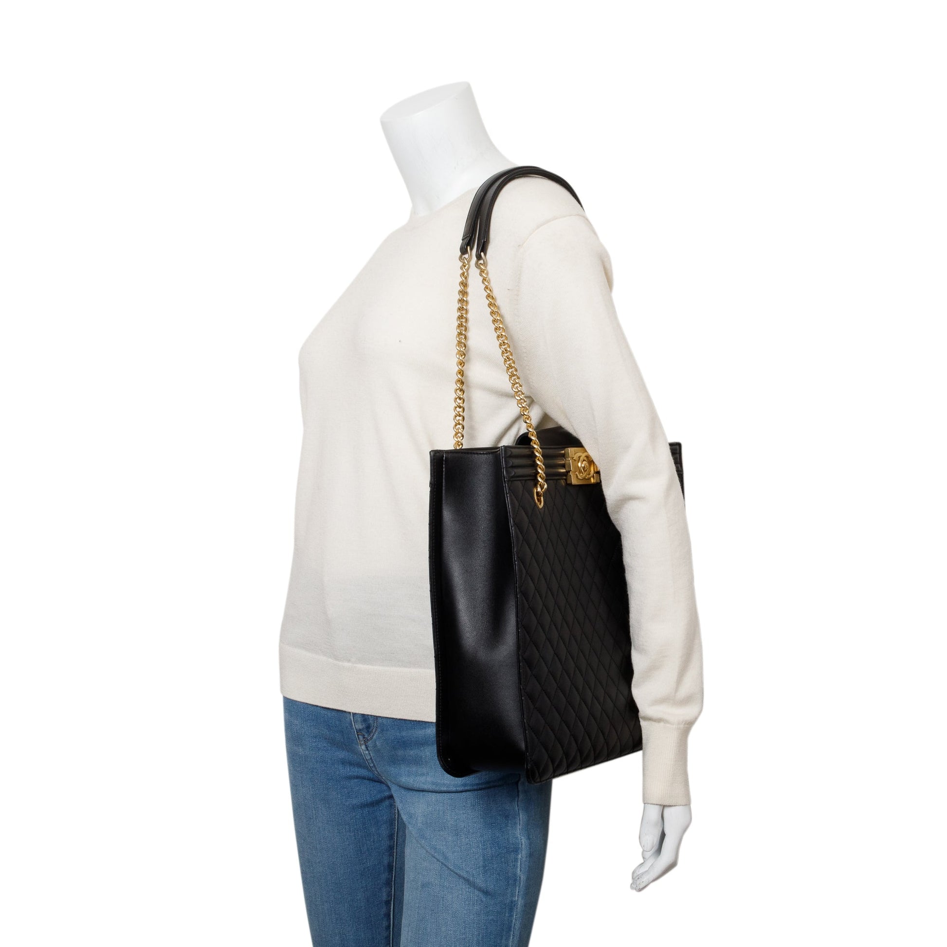 Chanel Quilted Boy Shopping Leather Lambskin Black Travel Bag