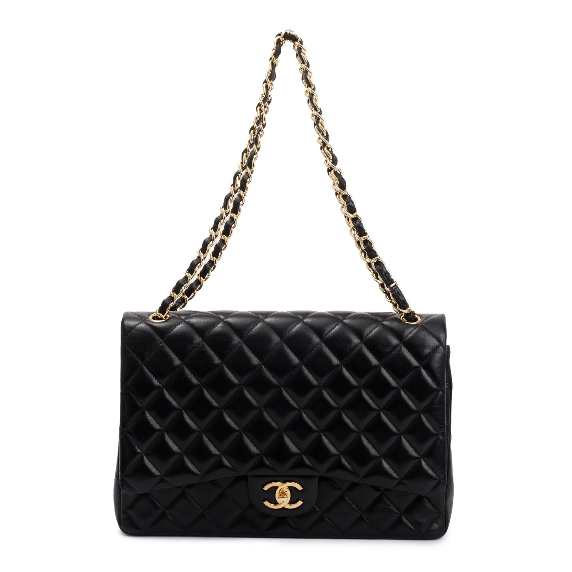 Chanel Quilted Classic Maxi Double Flap Leather Lambskin Black Travel Bag