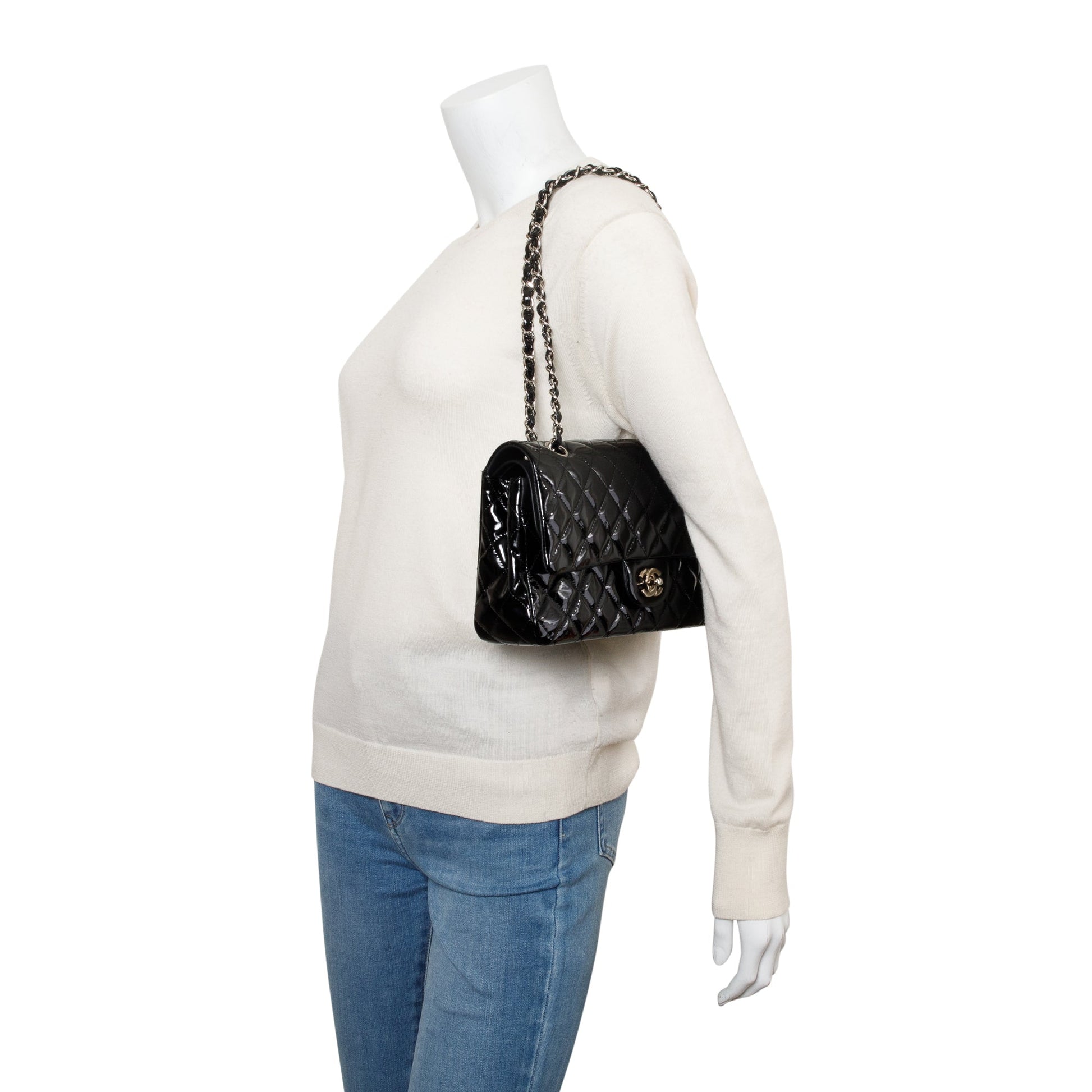 Chanel Quilted Patent Classic Double Flap Leather Black Travel Bag