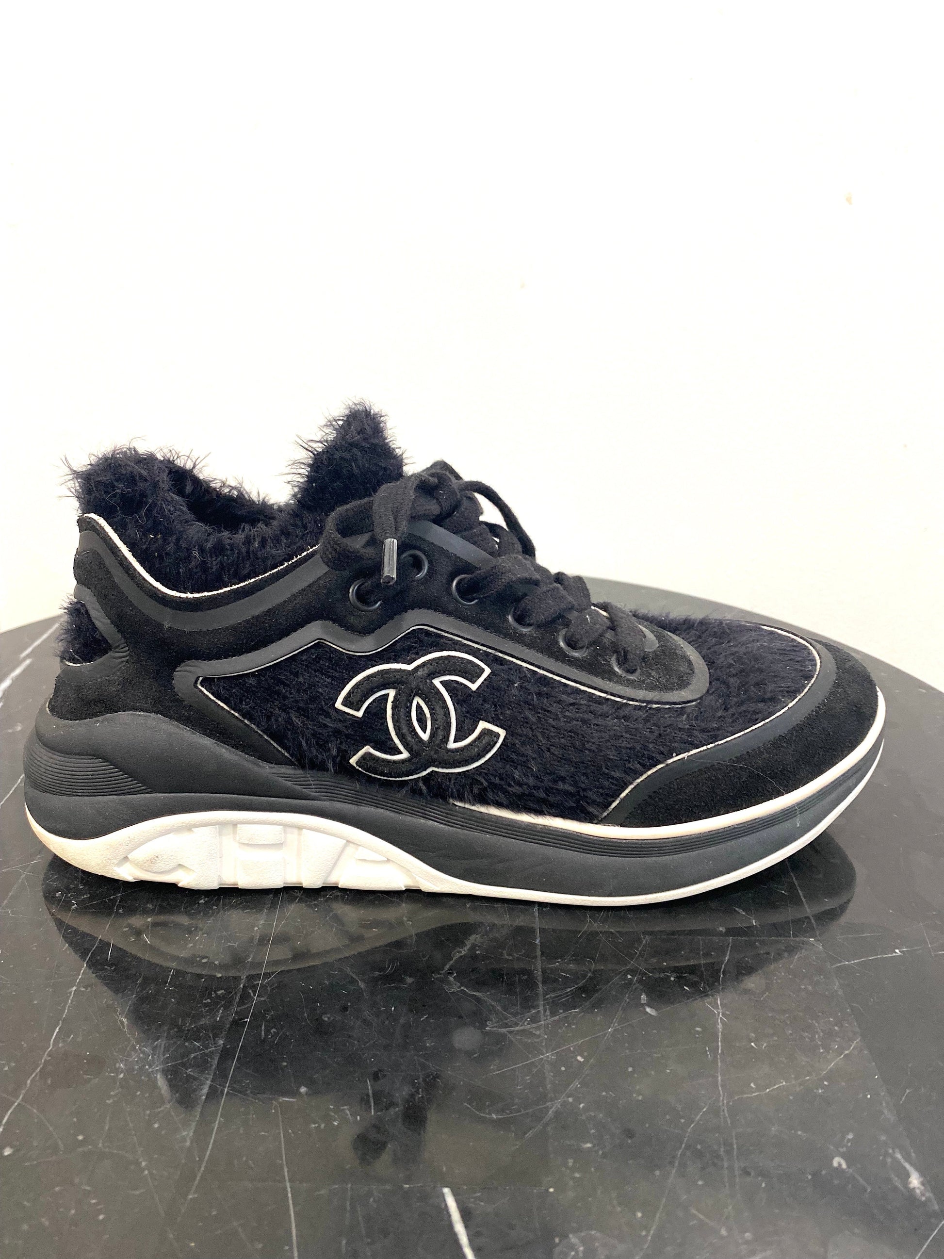 CHANEL TWEED & SUEDE CC LACE UP SNEAKERS