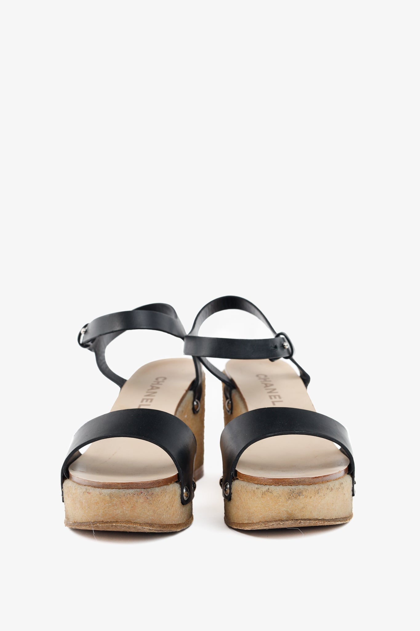 Chanel Black Leather Platform Wedge Sandals