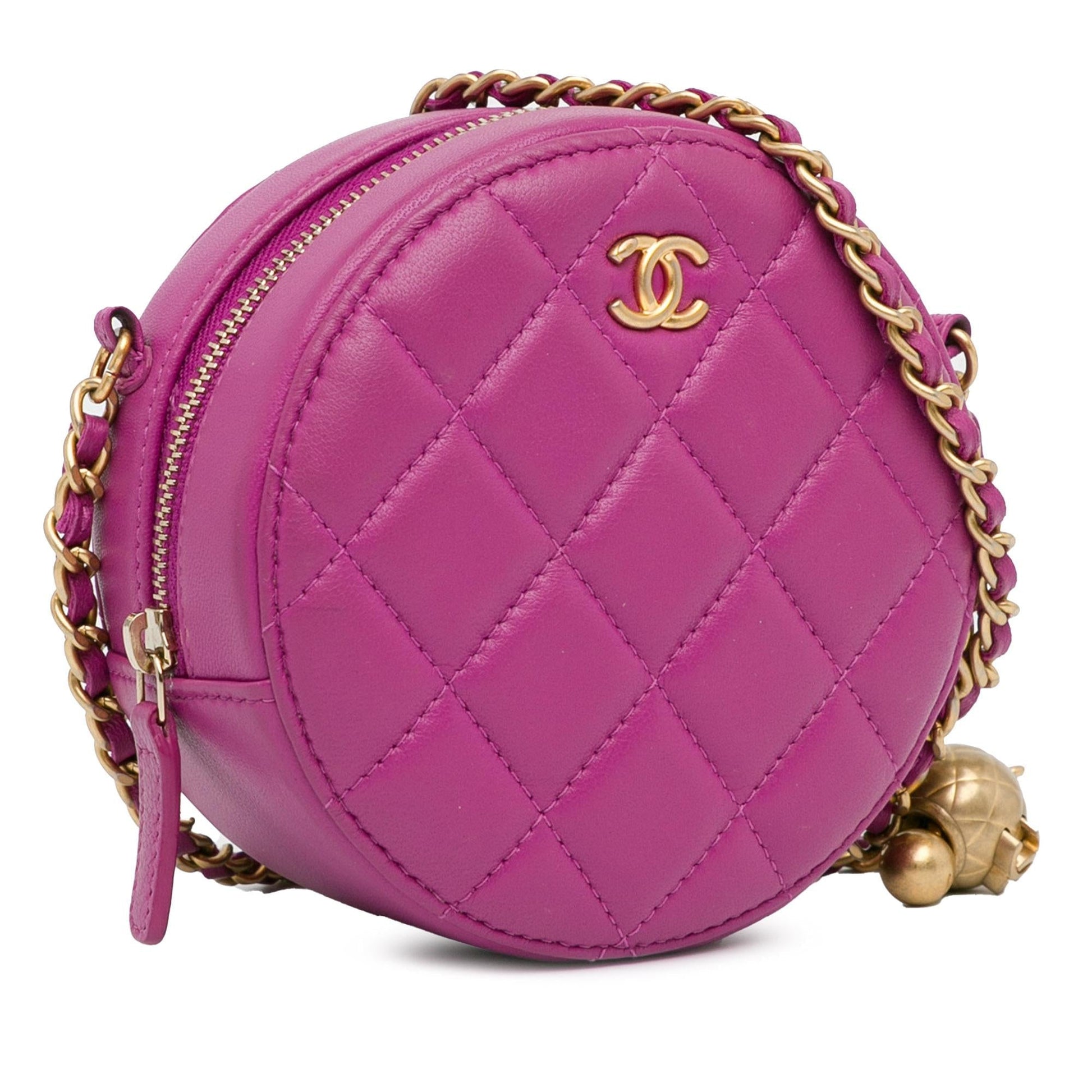 Chanel CC Quilted Lambskin Pearl Crush Round Clutch Bag