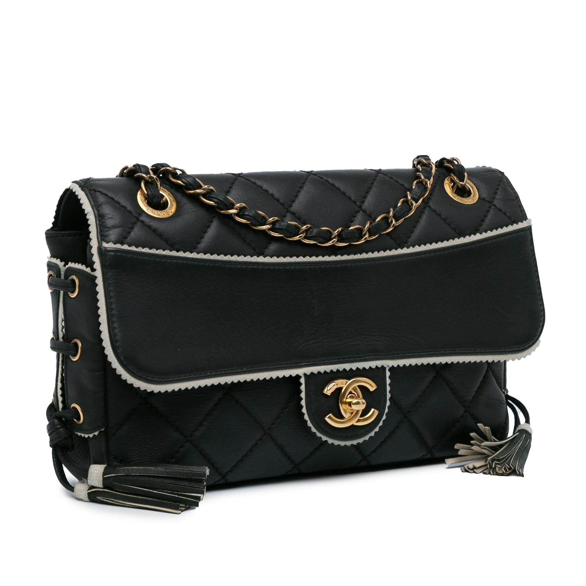 Chanel CC Quilted Lambskin Tassel Border Embellished Shoulder Bag