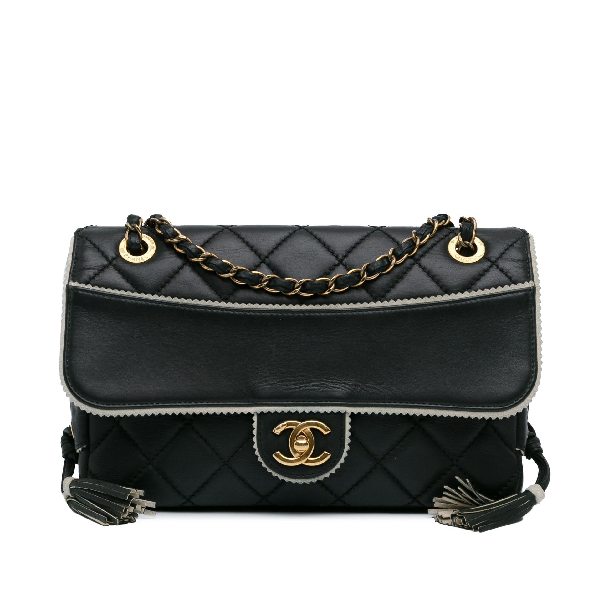 Chanel CC Quilted Lambskin Tassel Border Embellished Handbag