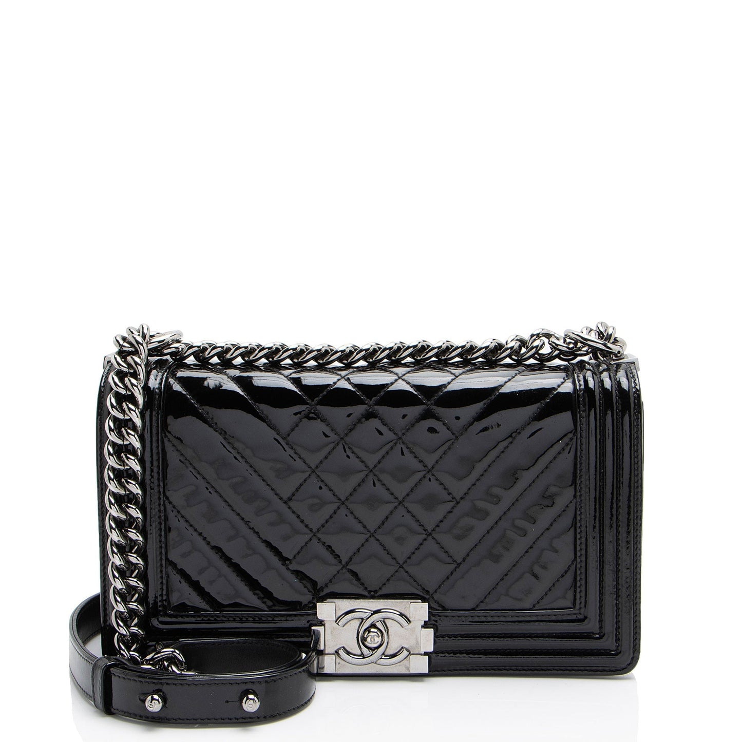 Chanel Chevron Patent Old Boy Leather Handbag