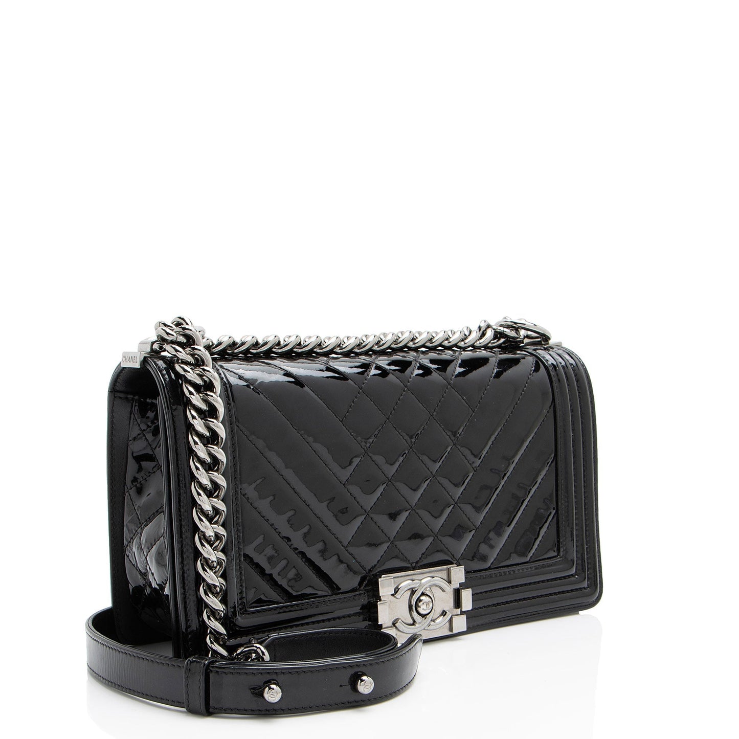 Chanel Chevron Patent Old Boy Leather Handbag