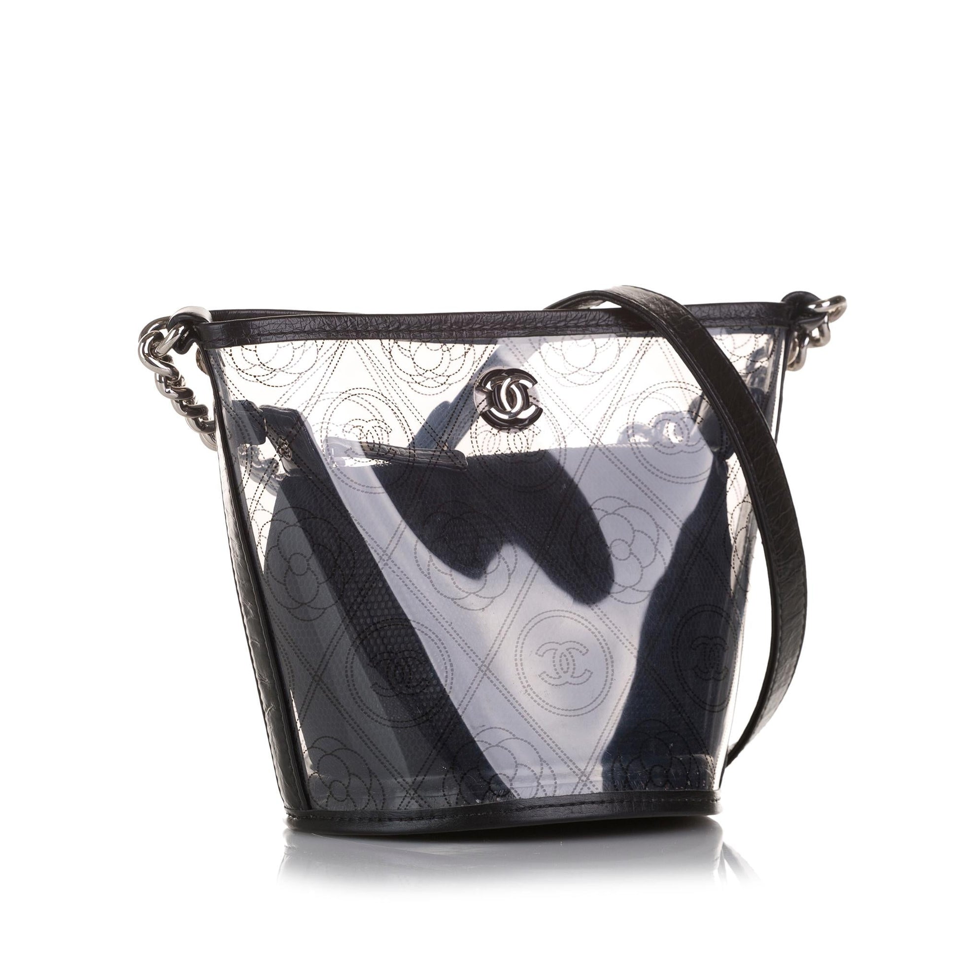 Chanel Crumpled Calfskin PVC Camellia Bucket Bag Shg 3Buawv