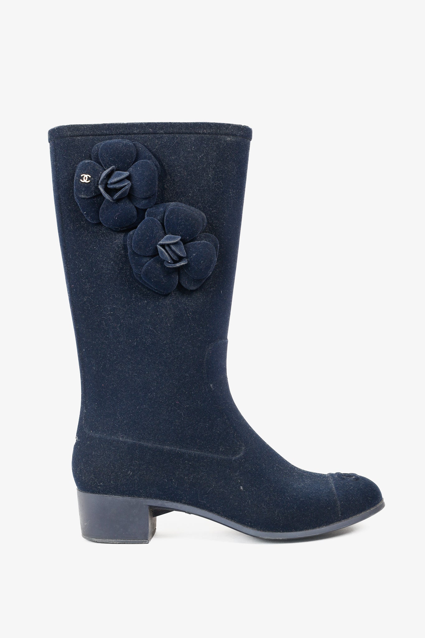 Chanel Navy Velvet Camellia Rubber Rain Boots