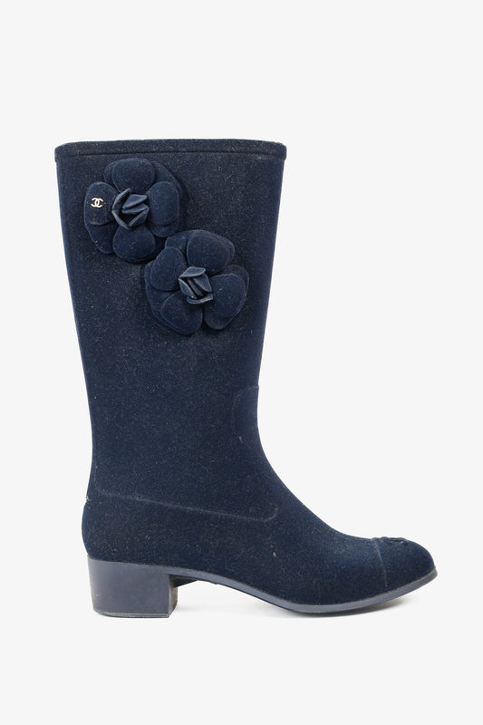 Chanel Navy Velvet Camellia Rubber Rain Boots