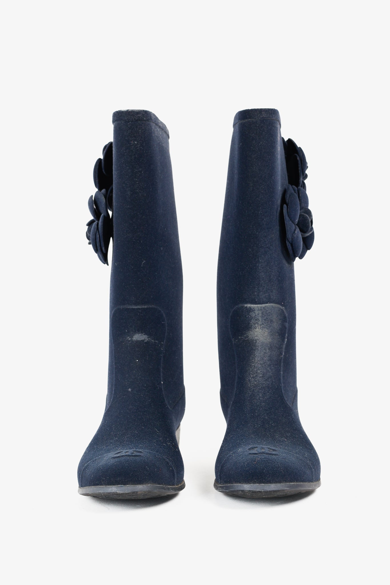 Chanel Navy Velvet Camellia Rubber Rain Boots