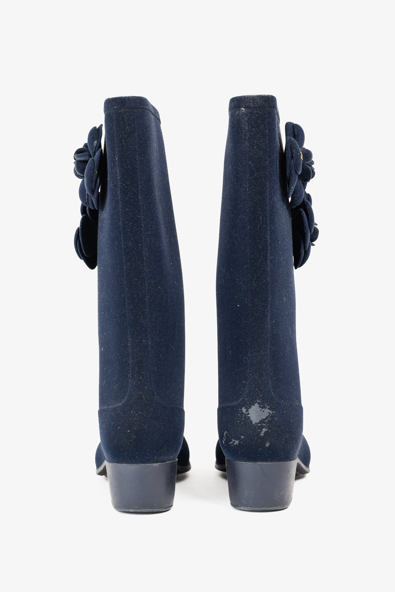 Chanel Navy Velvet Camellia Rubber Rain Boots