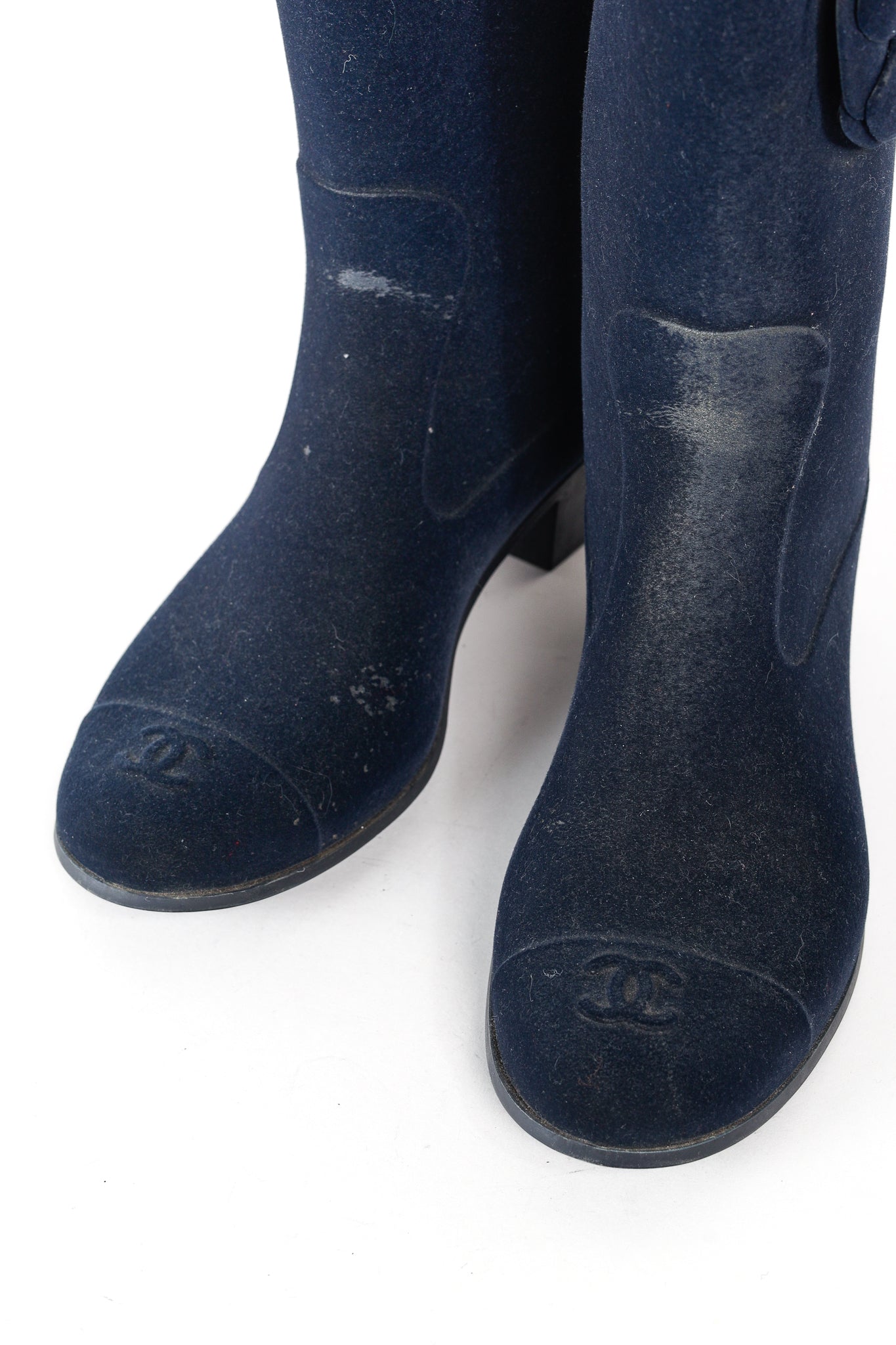 Chanel Navy Velvet Camellia Rubber Rain Boots