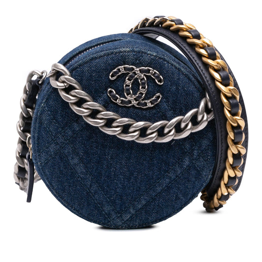 Chanel Denim 19 Round Clutch Bag With Chain