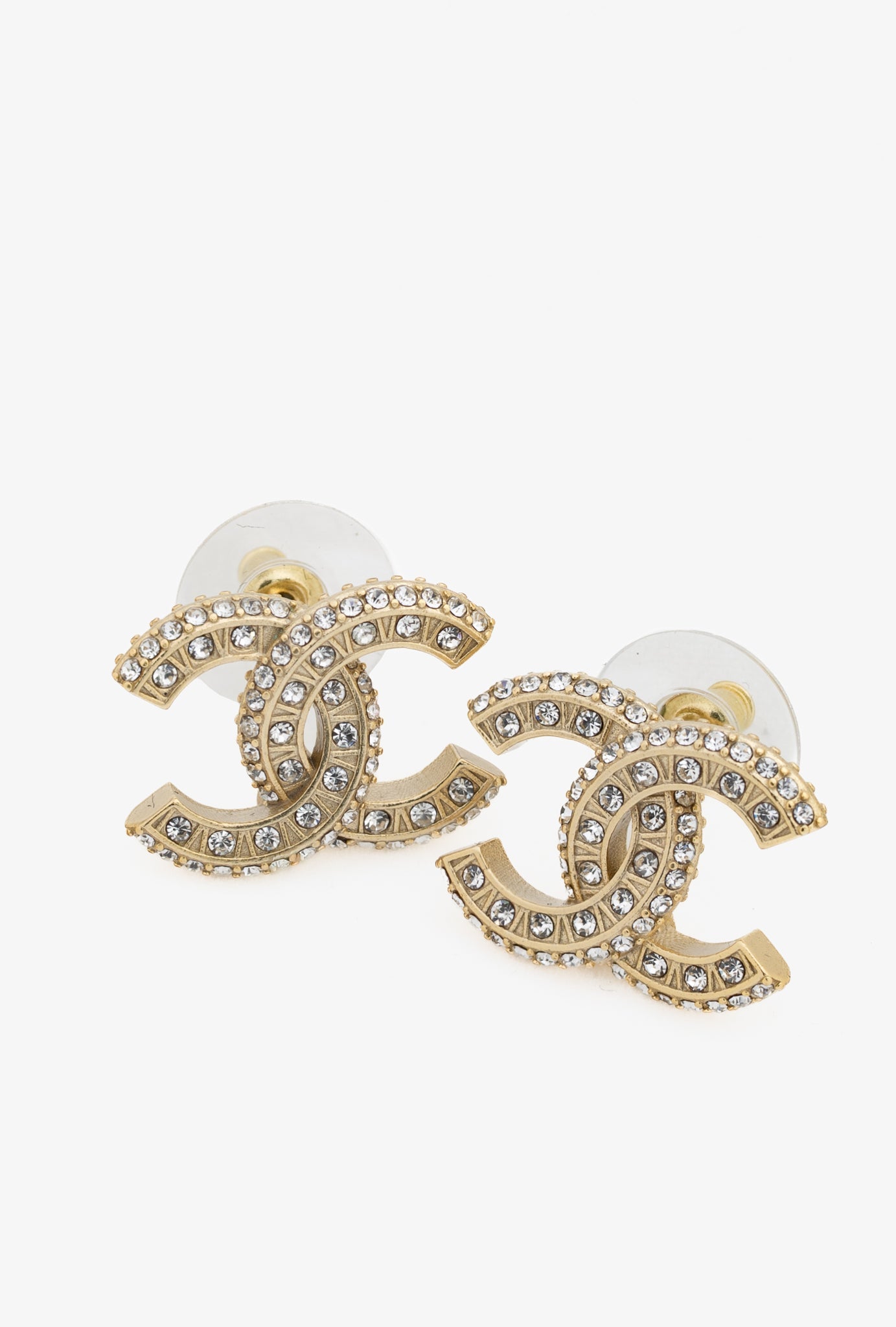 Chanel Gold-Tone Crystal-Embellished CC Stud Earrings Jewelry