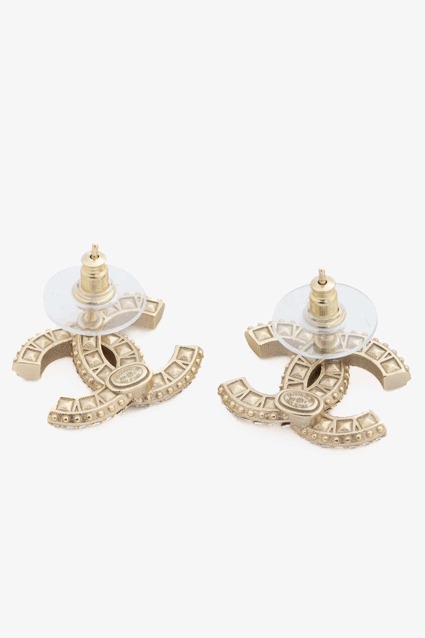 Chanel Gold-Tone Crystal-Embellished CC Stud Earrings Jewelry