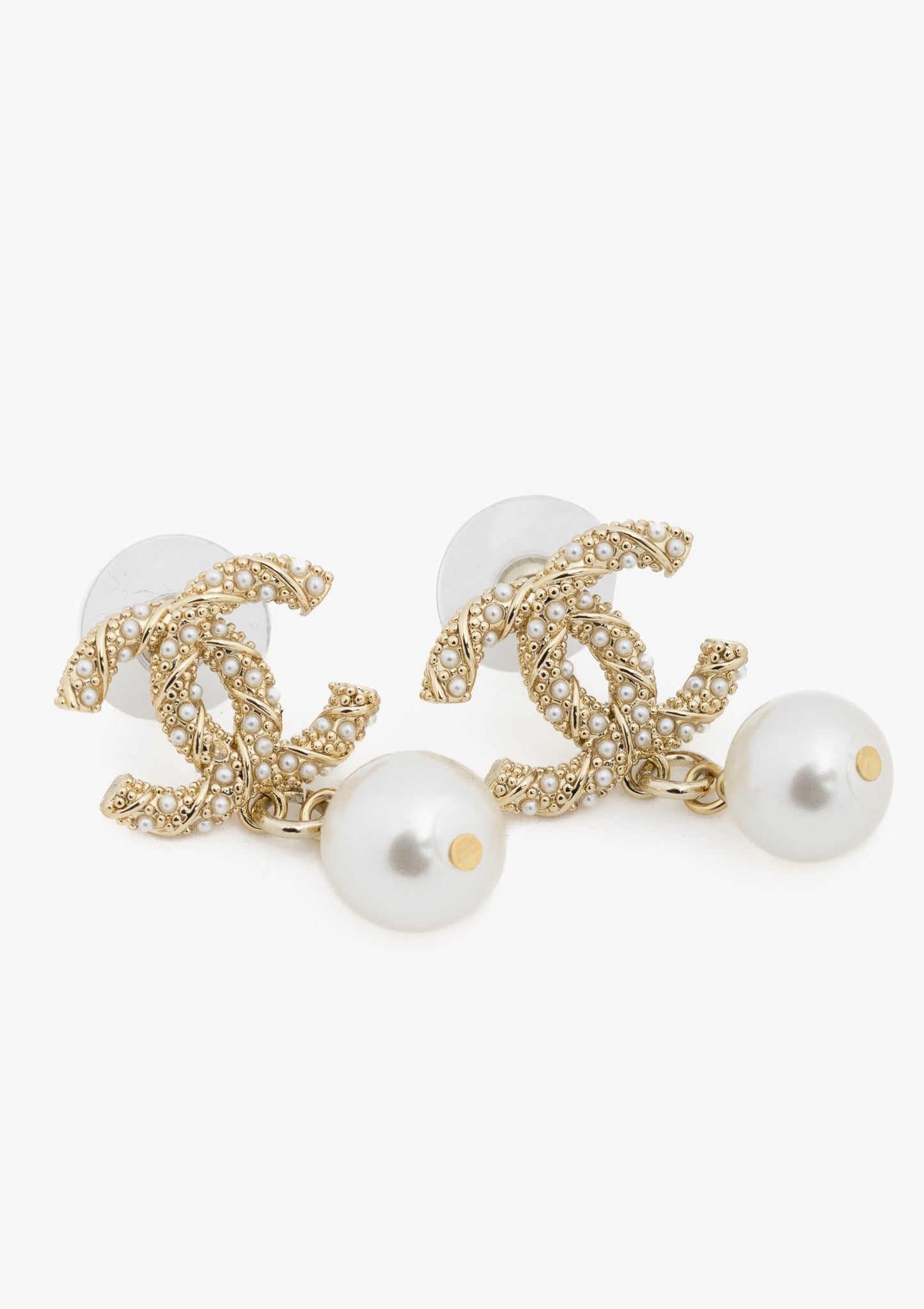 Chanel Gold-Tone Pearl-Embellished CC Dangling-Charm Stud Earrings