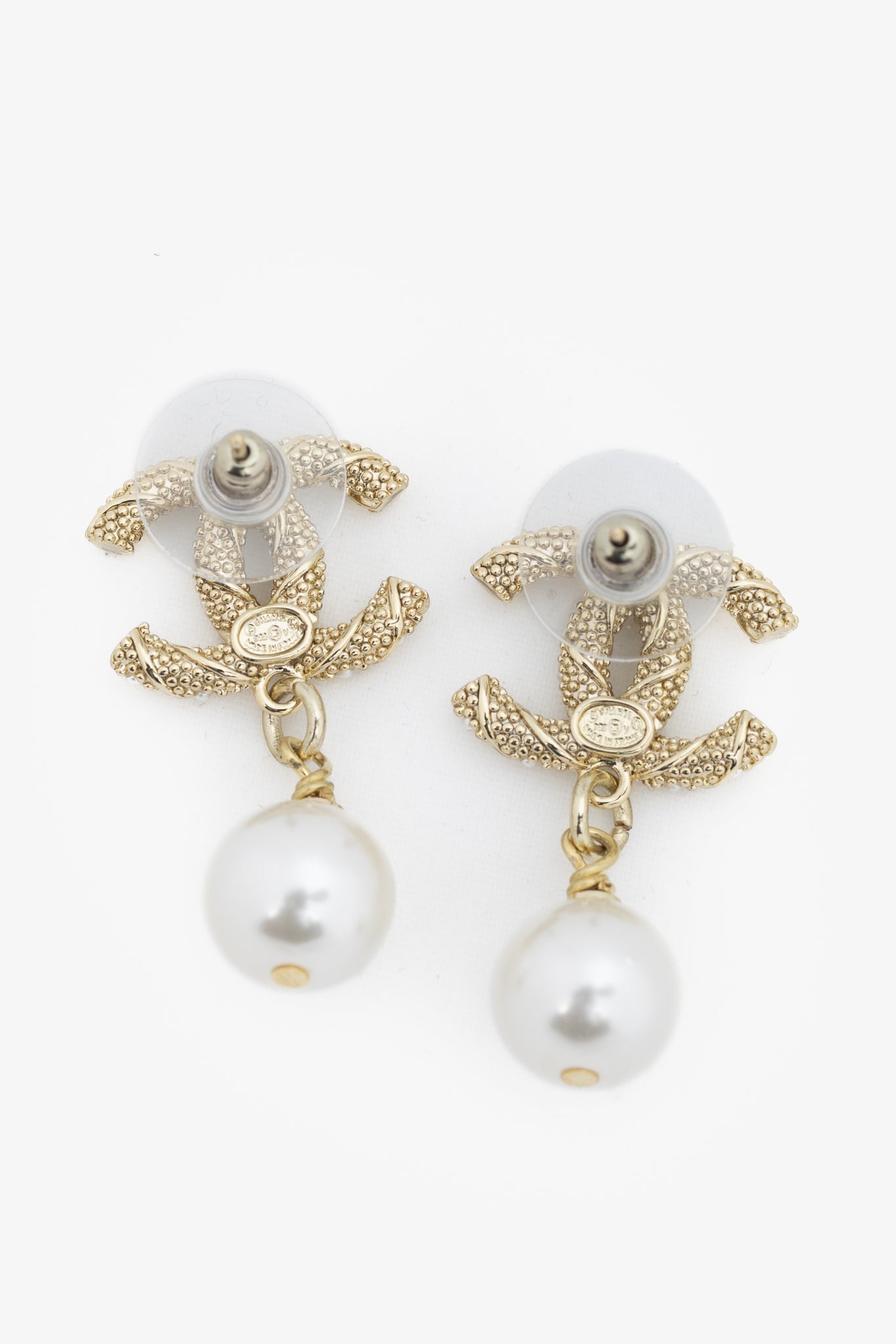 Chanel Gold-Tone Pearl-Embellished CC Dangling-Charm Stud Earrings