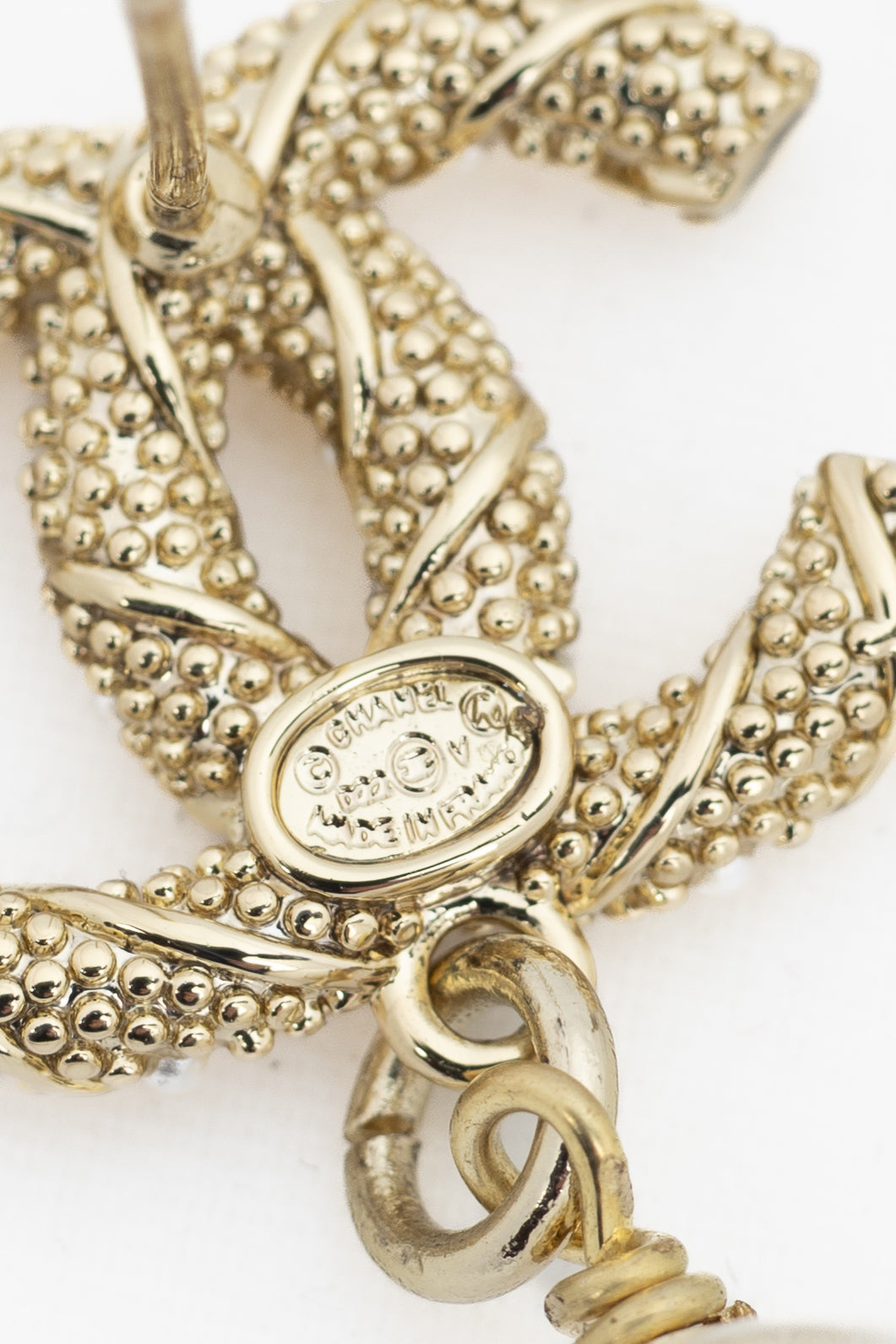 Chanel Gold-Tone Pearl-Embellished CC Dangling-Charm Stud Earrings
