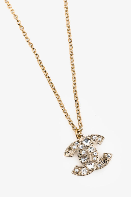 Chanel Light-Gold-Tone Crystal & Pearl CC Logo Necklace