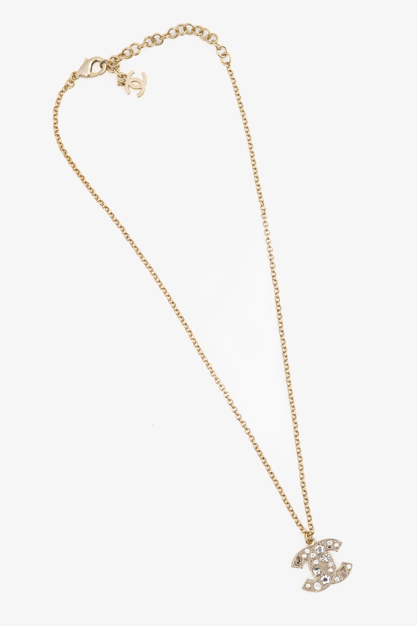 Chanel Light-Gold-Tone Crystal & Pearl CC Logo Necklace