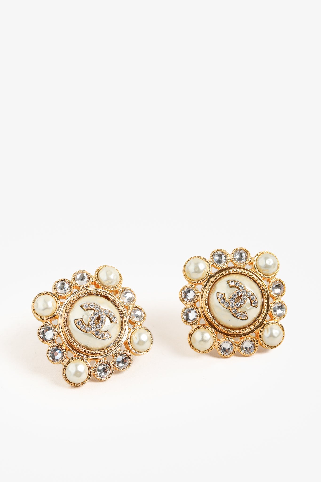 Chanel Gold-Tone Crystal and Pearl Rhinestones Squared Halo Stud Earrings Jewelry