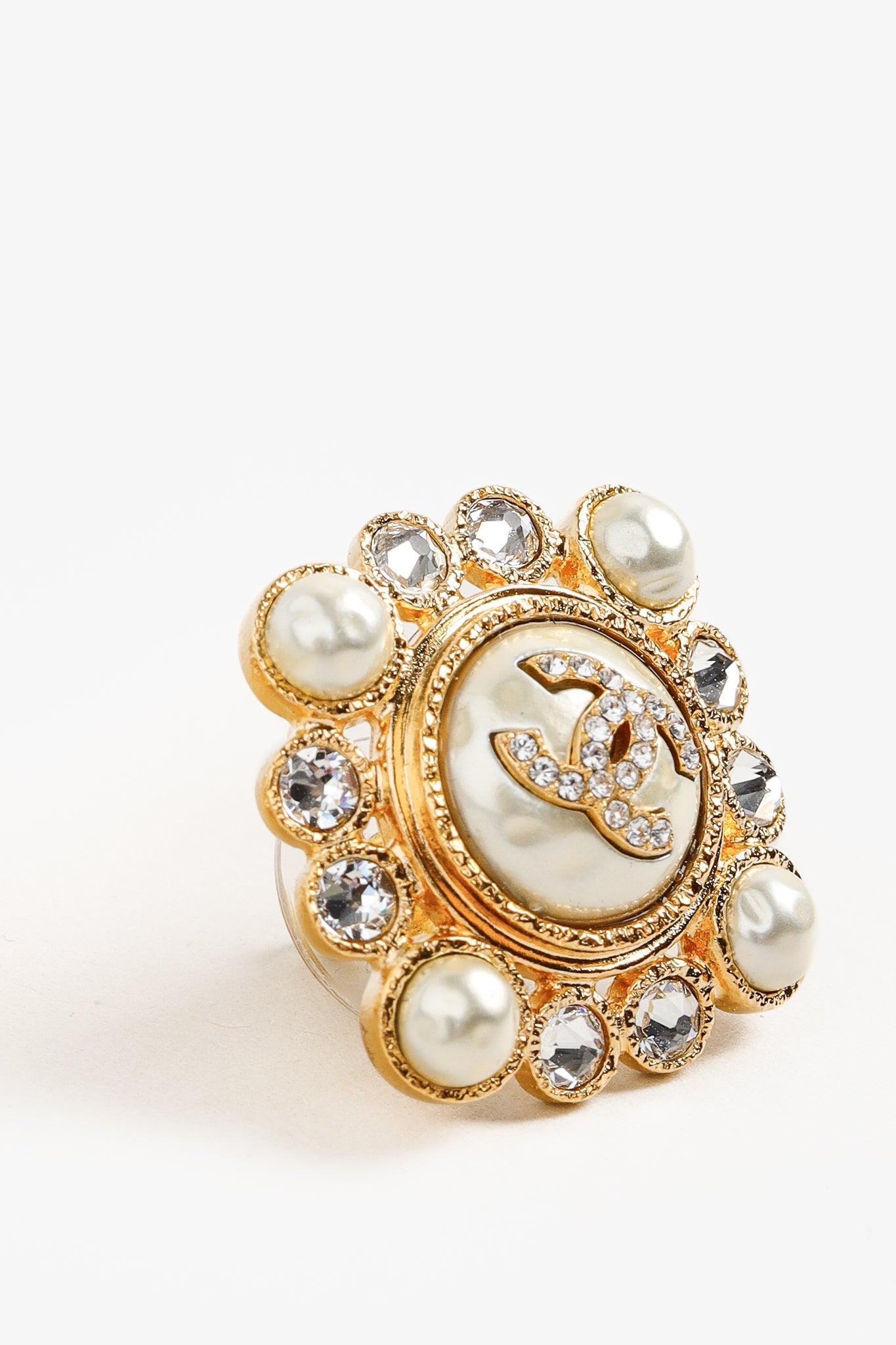 Chanel Gold-Tone Crystal and Pearl Rhinestones Squared Halo Stud Earrings Jewelry
