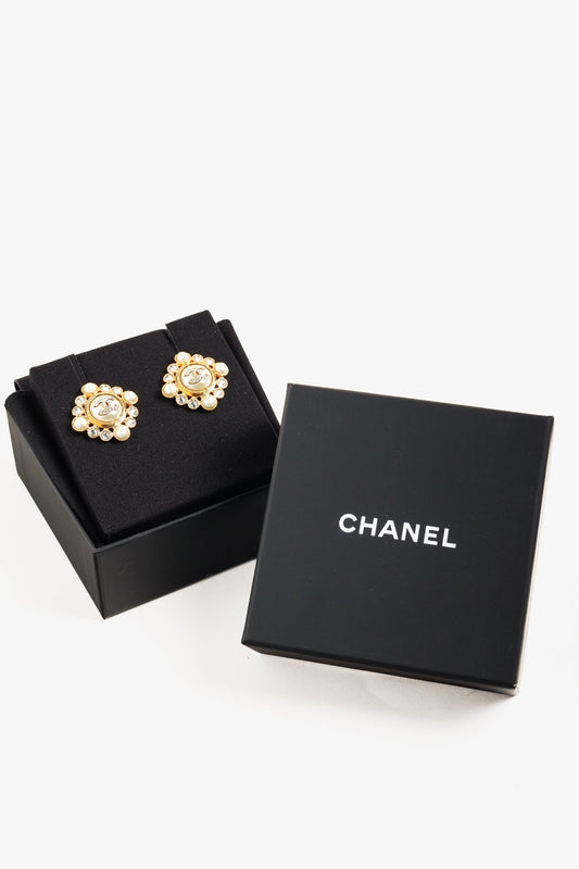 Chanel Gold-Tone Crystal and Pearl Rhinestones Squared Halo Stud Earrings Jewelry