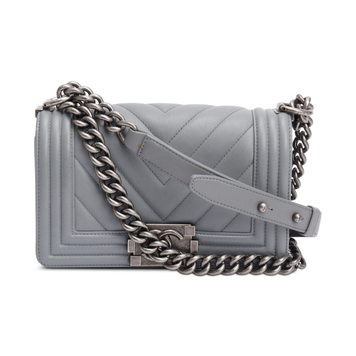 Chanel Chevron Quilted Boy Leather Calfskin Grey Travel Bag