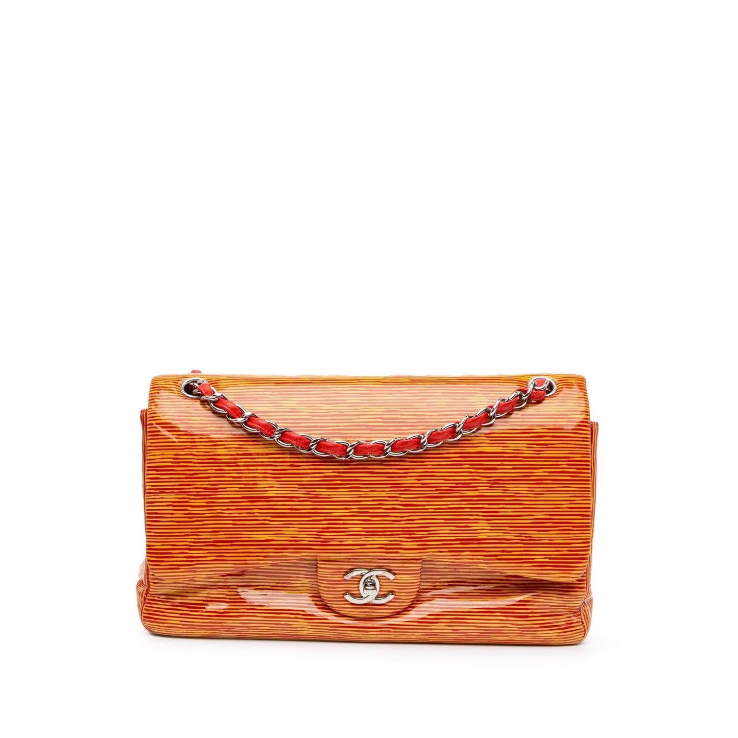 Chanel Jumbo Classic Patent Stiped Double Flap Handbag