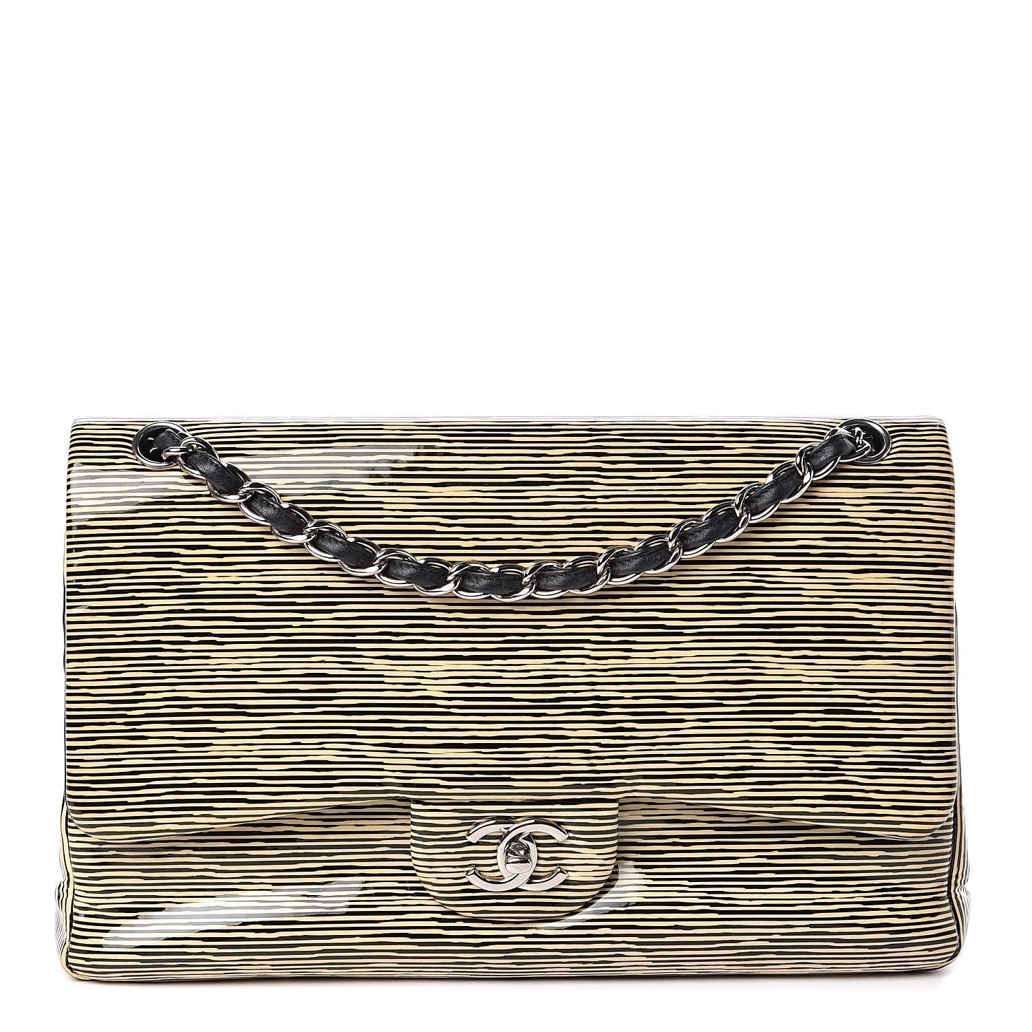 Chanel Patent Calfskin Striped Jumbo Double Flap Handbag
