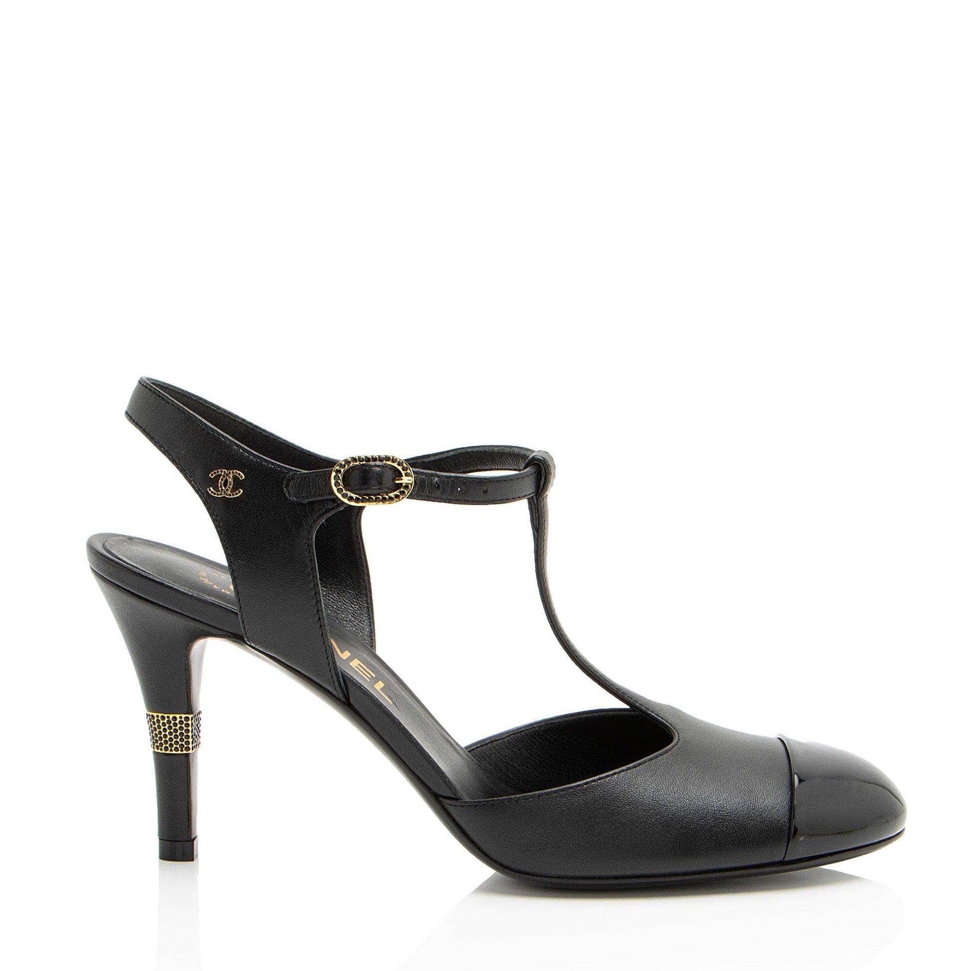 Chanel Lambskin Crystal CC Cap Toe T-Strap Pumps Denim Mini Shoes