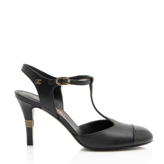 Chanel Lambskin Crystal CC Cap Toe T-Strap Pumps Denim Mini Shoes