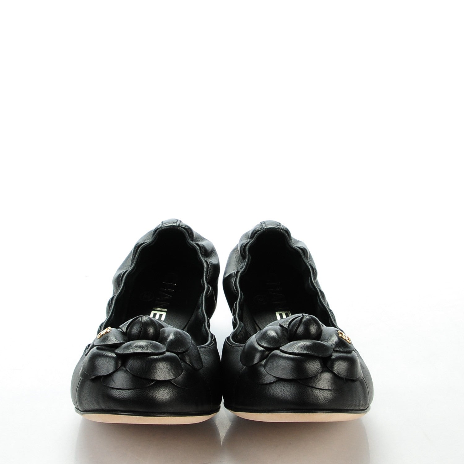 CHANEL LAMBSKIN CC CAMELLIA ELASTIC FLAT BALLERINA SHOES