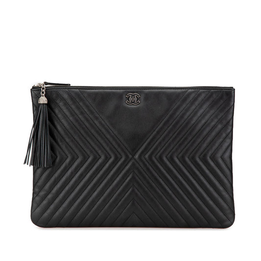 Chanel Diagonal Chevron Calfskin Tassel O Clutch Bag