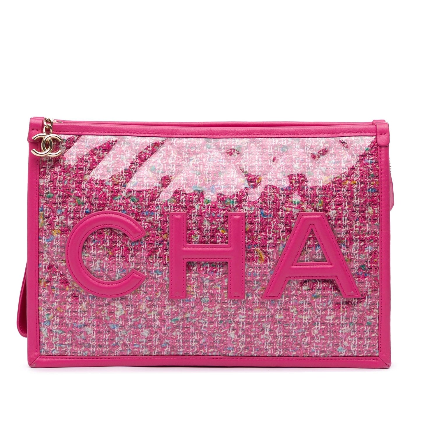 Chanel Tweed PVC Logo Wristlet Handbag