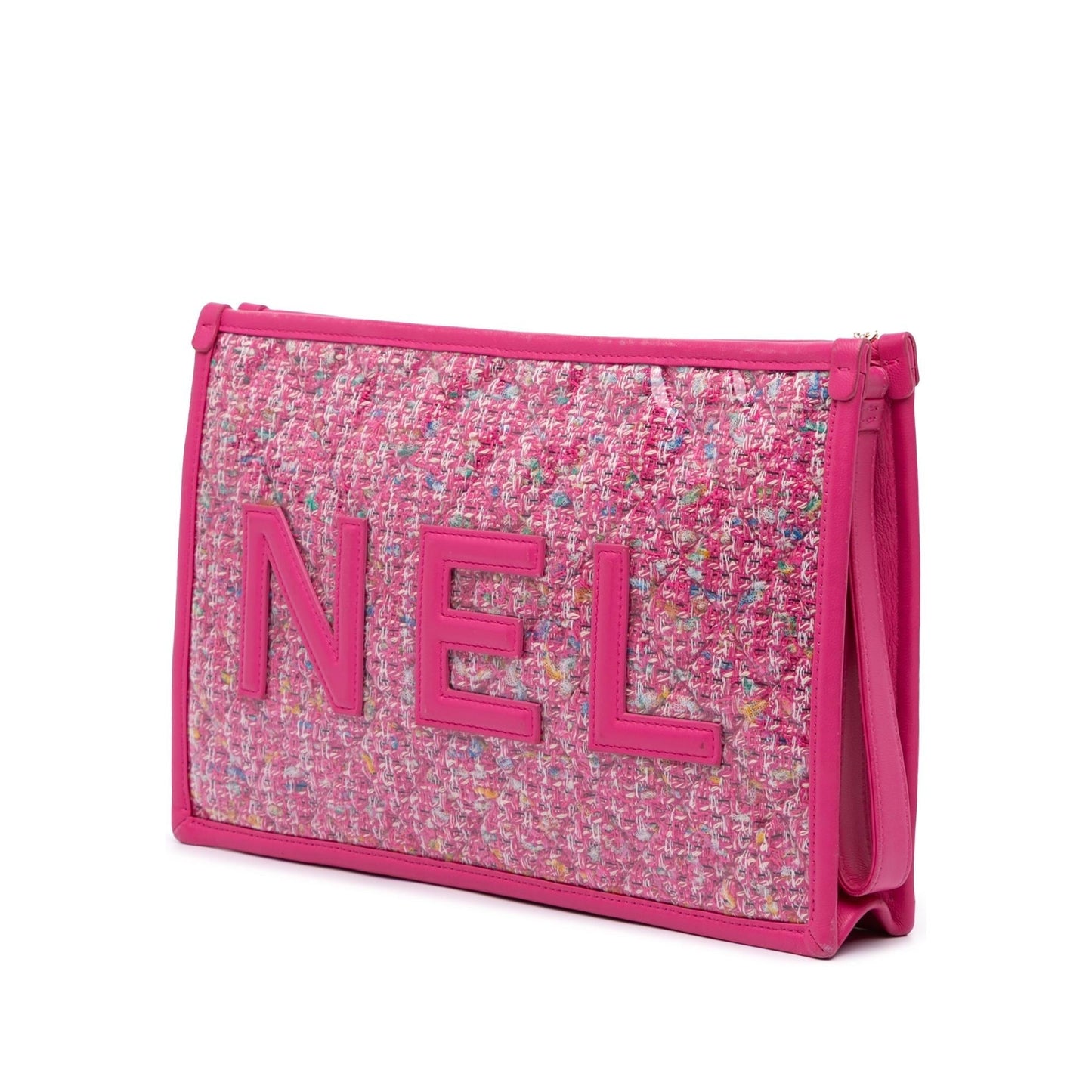 Chanel Tweed PVC Logo Wristlet Handbag