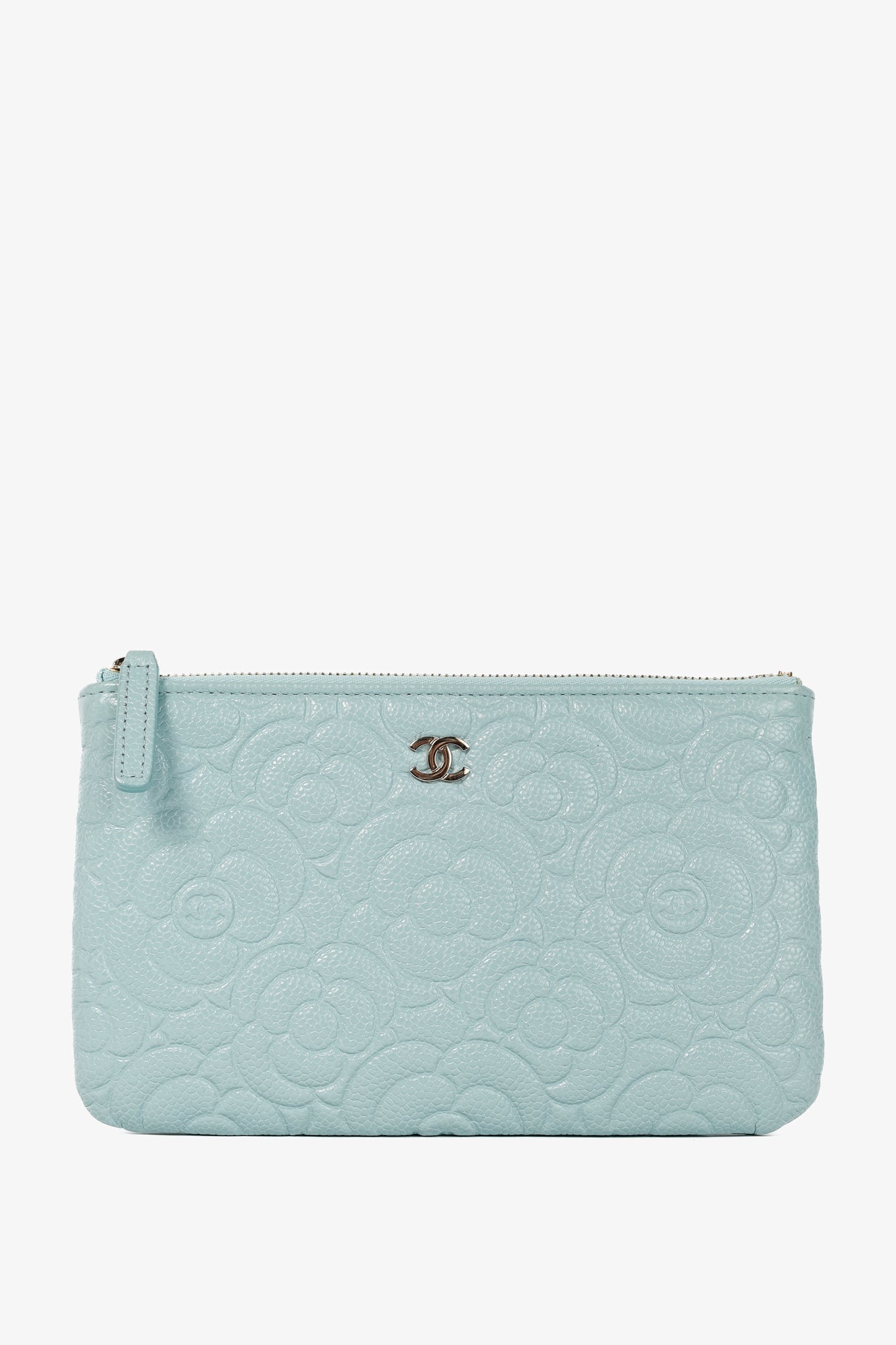 Chanel Light Blue Caviar Camellia-Embossed Small O-Case Accessory