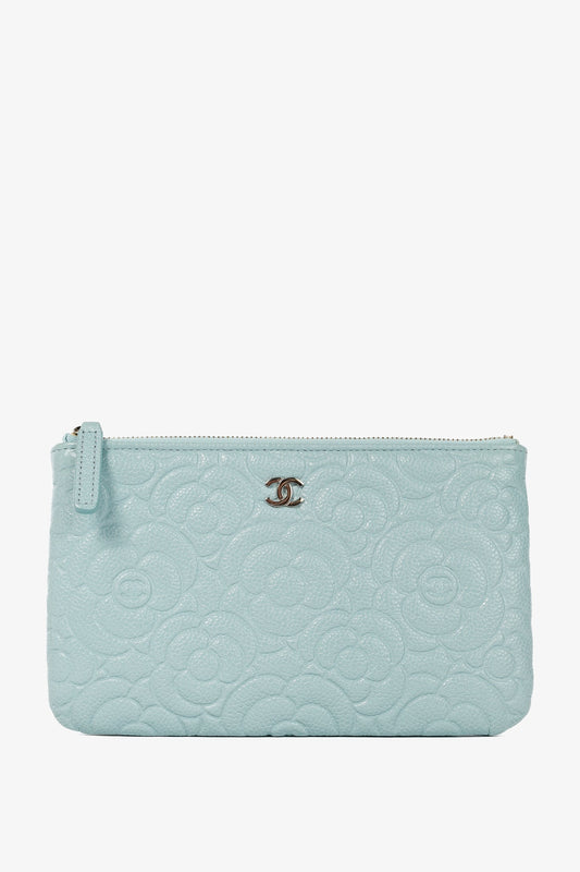 Chanel Light Blue Caviar Camellia-Embossed Small O-Case Accessory