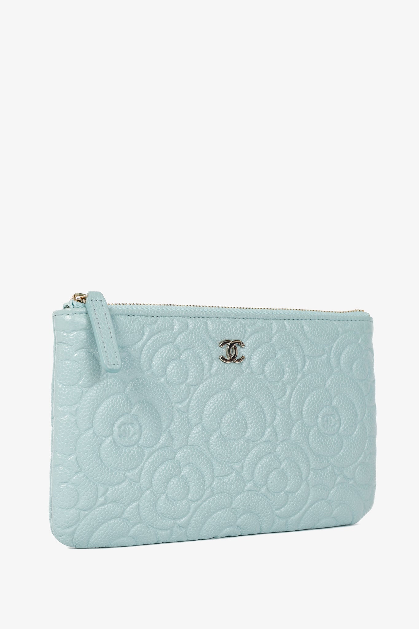 Chanel Light Blue Caviar Camellia-Embossed Small O-Case Accessory