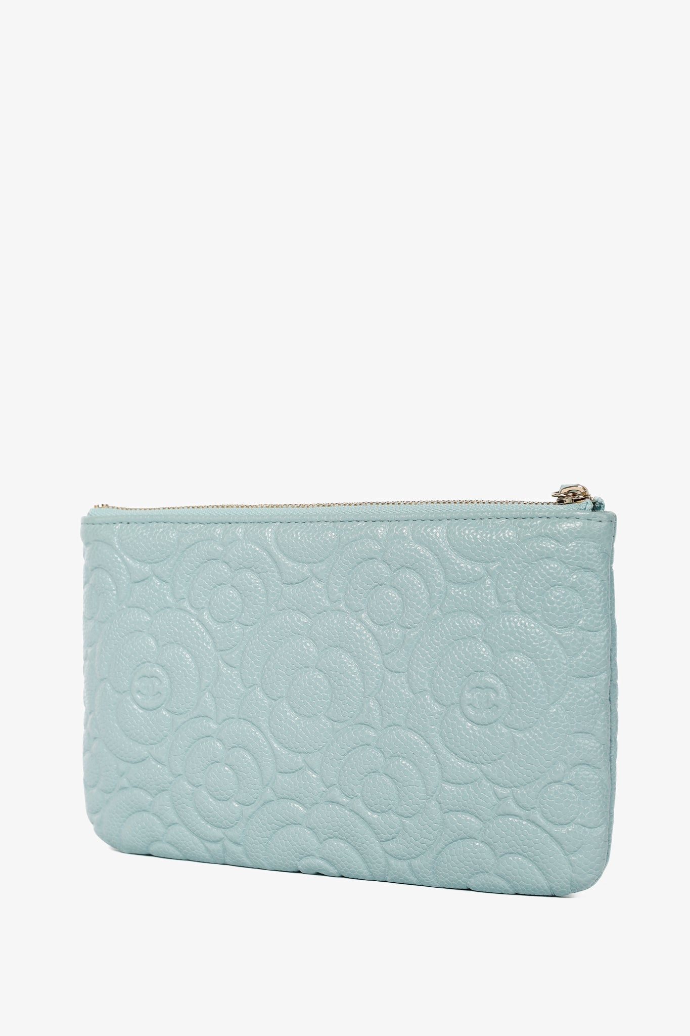 Chanel Light Blue Caviar Camellia-Embossed Small O-Case Accessory
