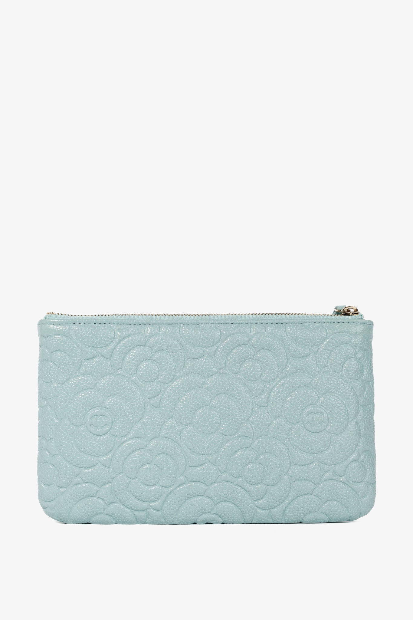 Chanel Light Blue Caviar Camellia-Embossed Small O-Case Accessory