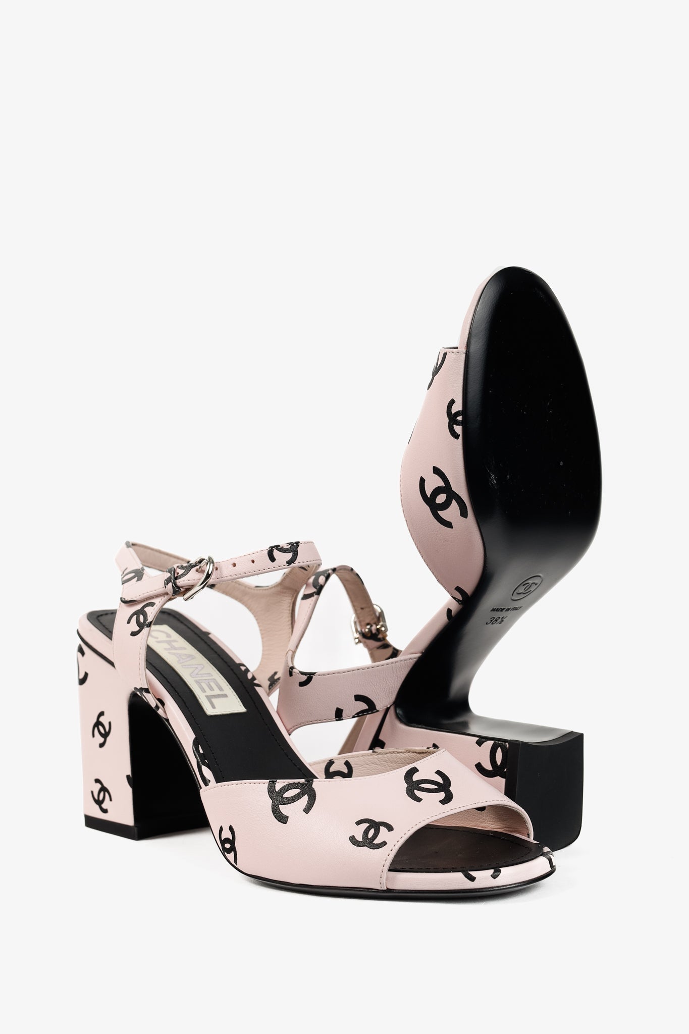 Chanel Light Pink CC-Print Leather Sandals