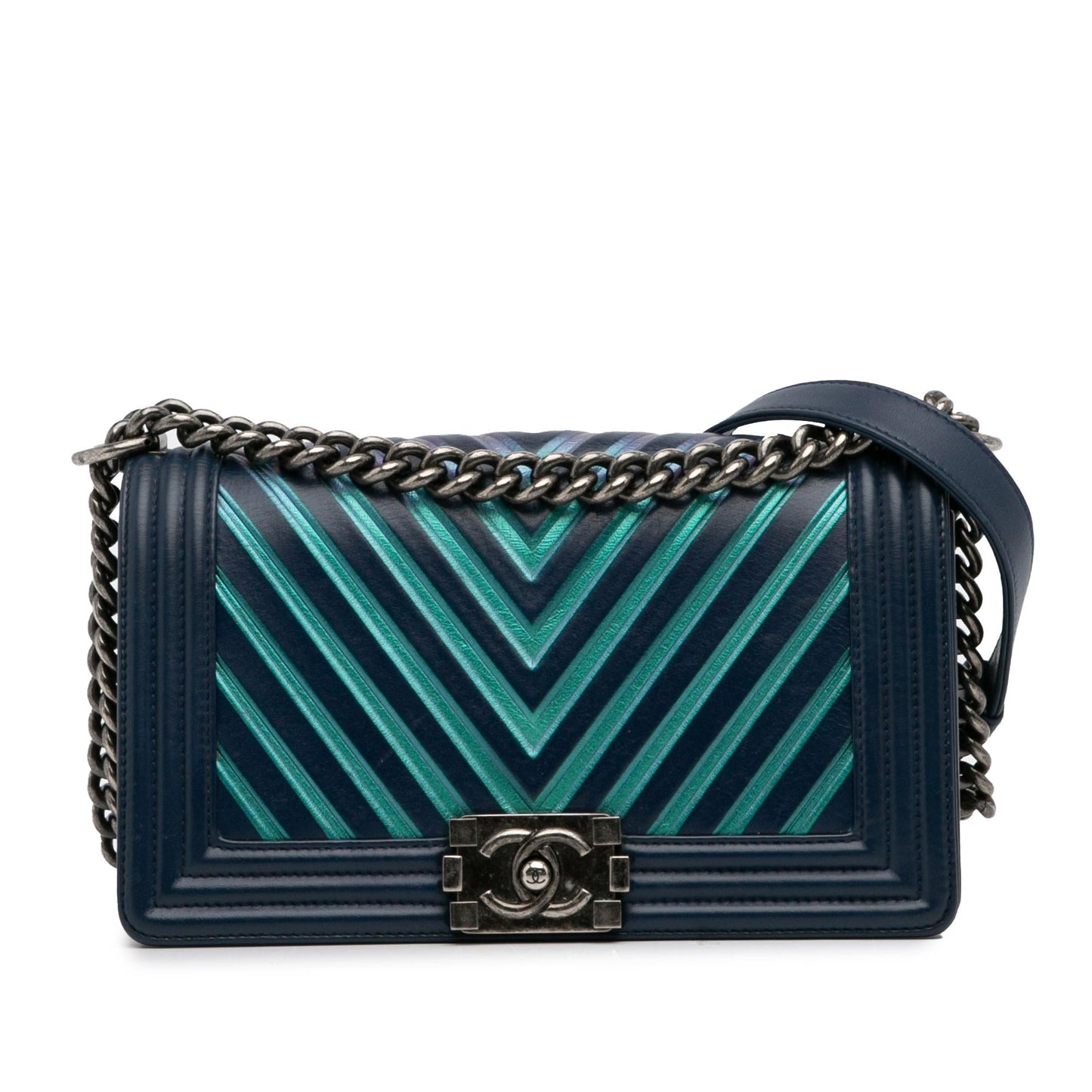 Chanel Calfskin Embossed Painted Chevron Boy Flap Handbag