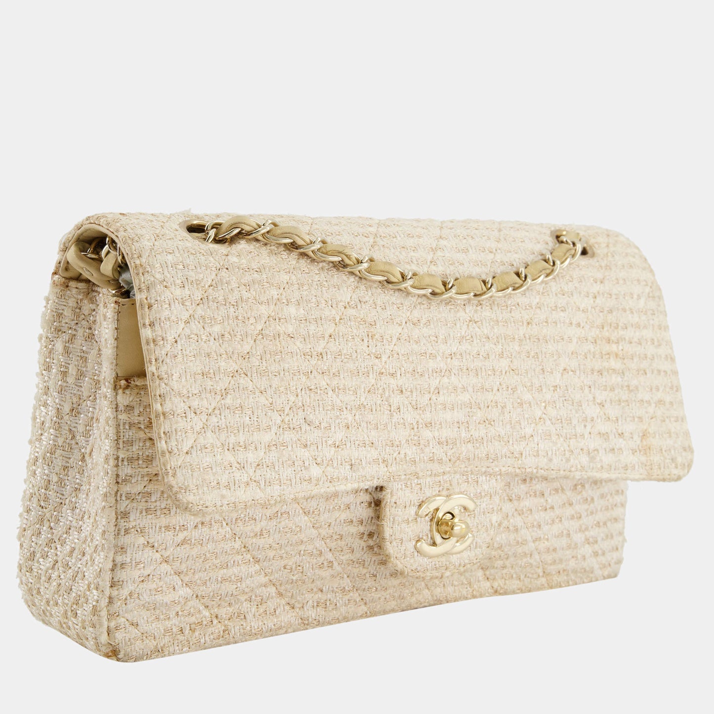 Chanel CLASSIC DOUBLE FLAP TWEED HARDWARE-HS Gold Ivory Handbag
