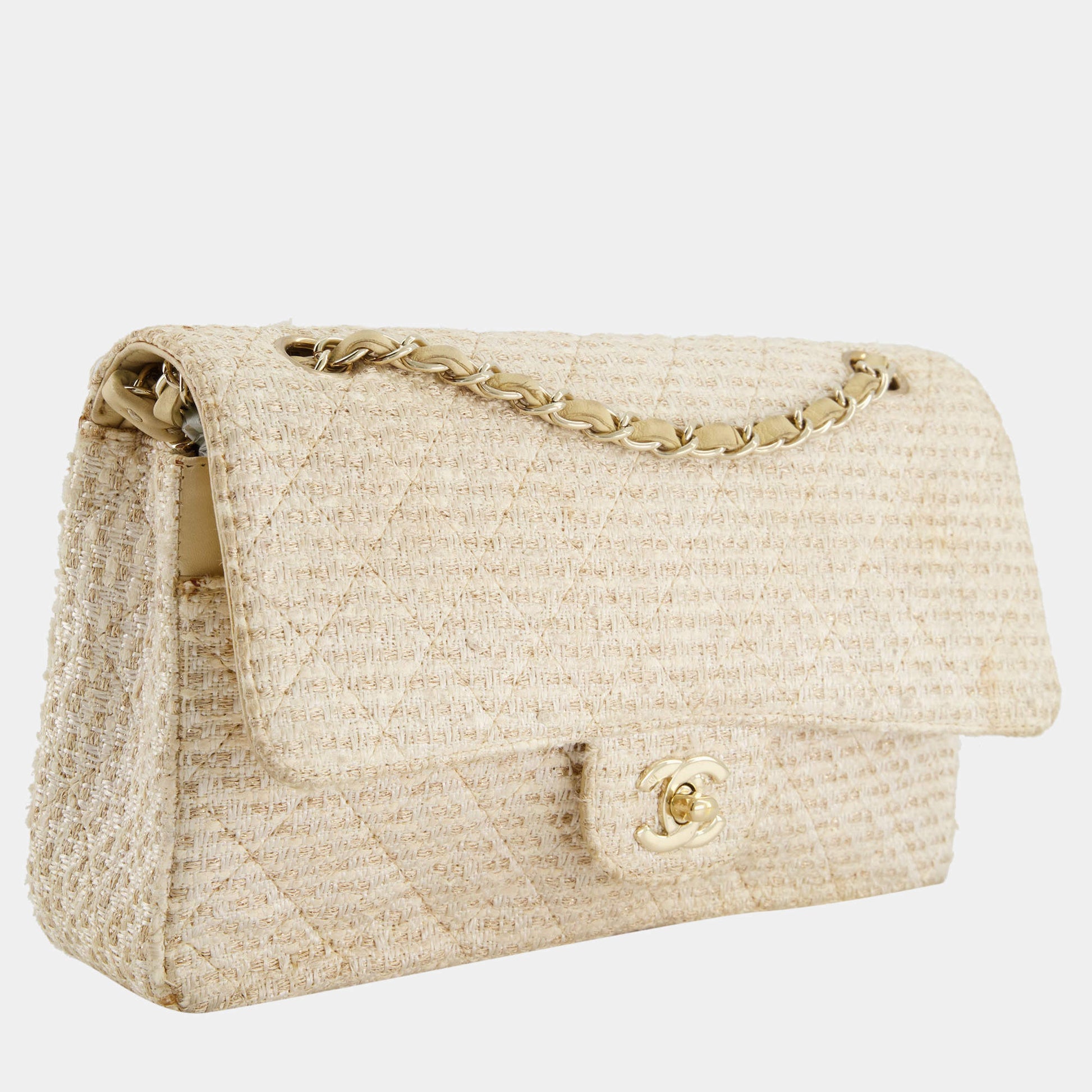 Chanel CLASSIC DOUBLE FLAP TWEED HARDWARE-HS Gold Ivory Handbag